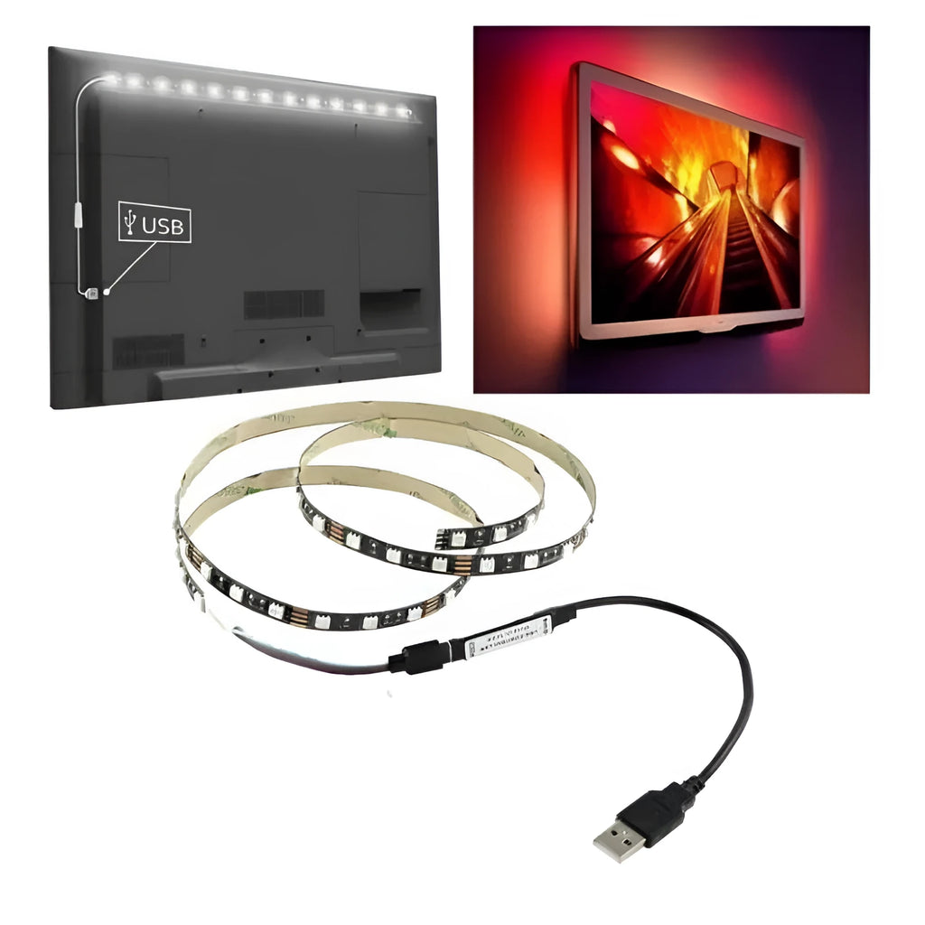USB-powered LED light strip with SMD5050 LEDs in six colour options including white, blue, and red