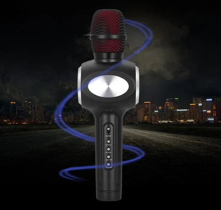 Yaerjia E108 wireless karaoke microphone in black, gold, or pink colours with built-in speaker