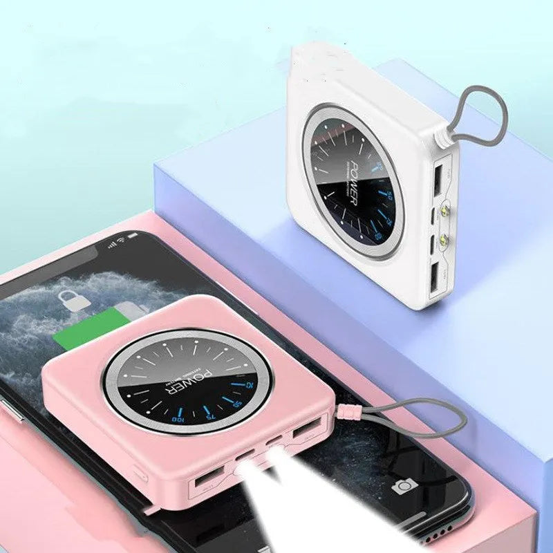 Mini clock charger power bank in alloy case with multiple USB ports in four colour options