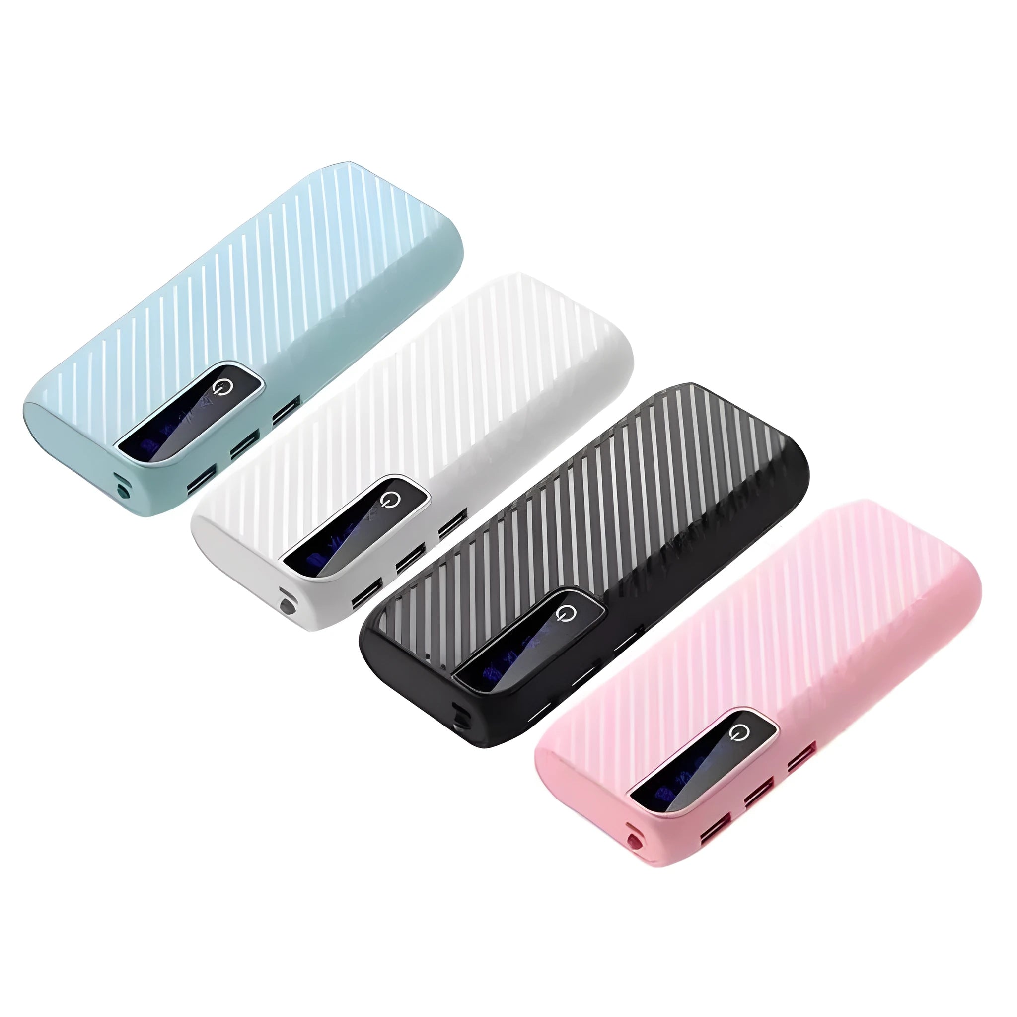 Compact black 20000mAh portable power bank with two USB ports showing size comparison to a smartphone.