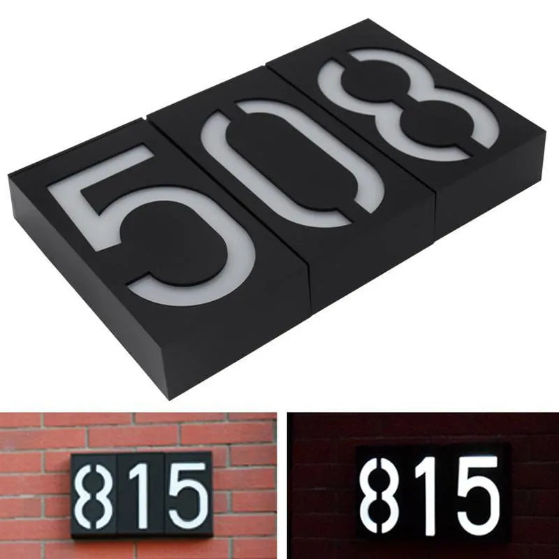 Solar powered house number light with LED illumination and wall-mounted outdoor design
