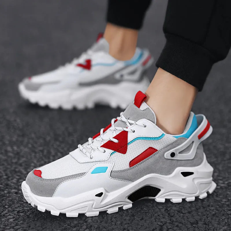 Men's breathable colour-blocked casual sneakers in beige and black, side view