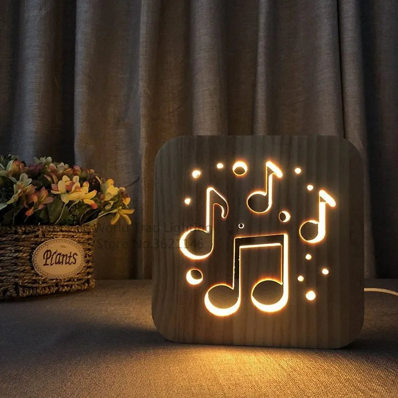 Wooden LED atmosphere lamp with warm white light USB powered measuring 19x19x3 cm