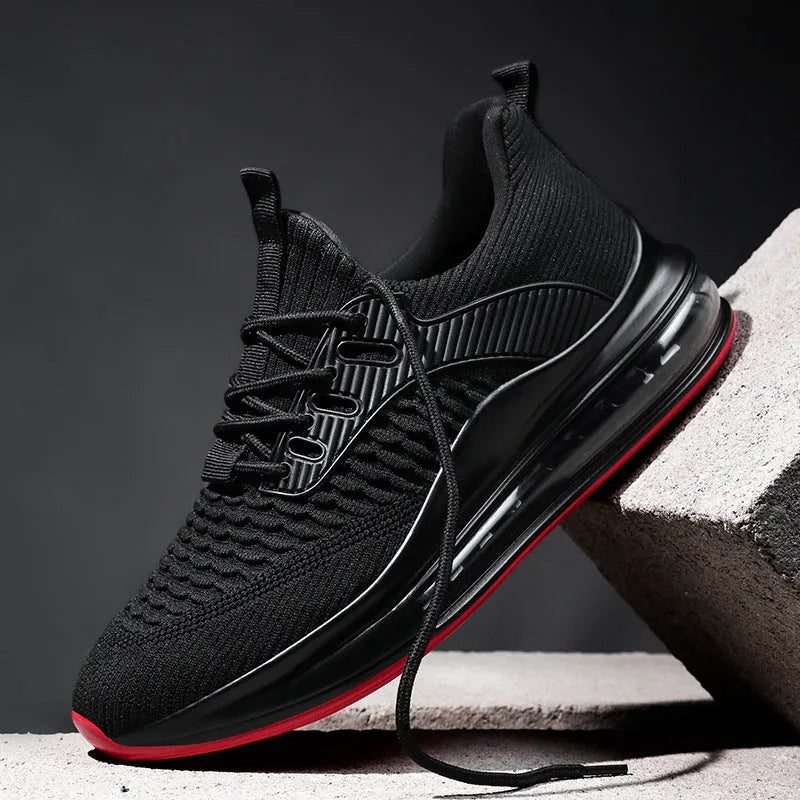 Men's black mesh running shoes with round toe, lace-up front, and rubber TPU sole.