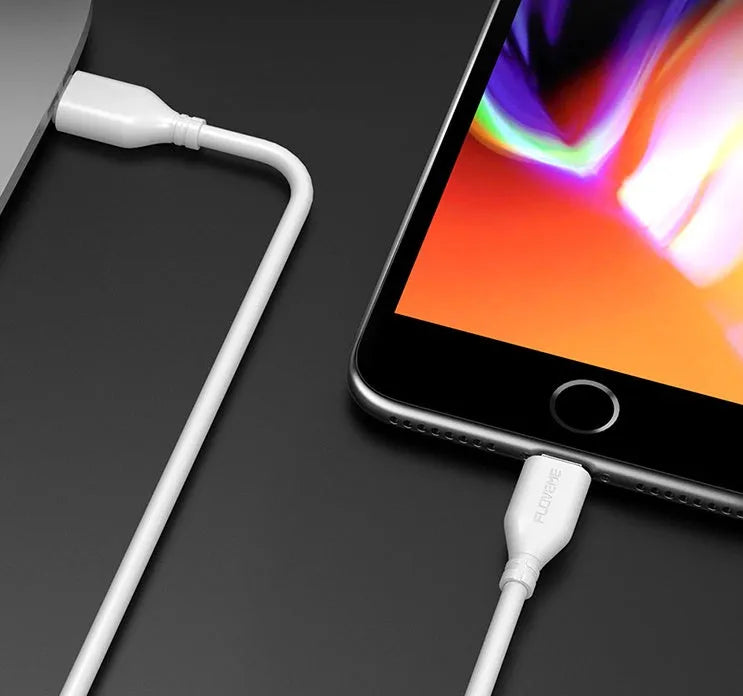 White braided nylon USB-C to Lightning charging cable, 1 metre long.