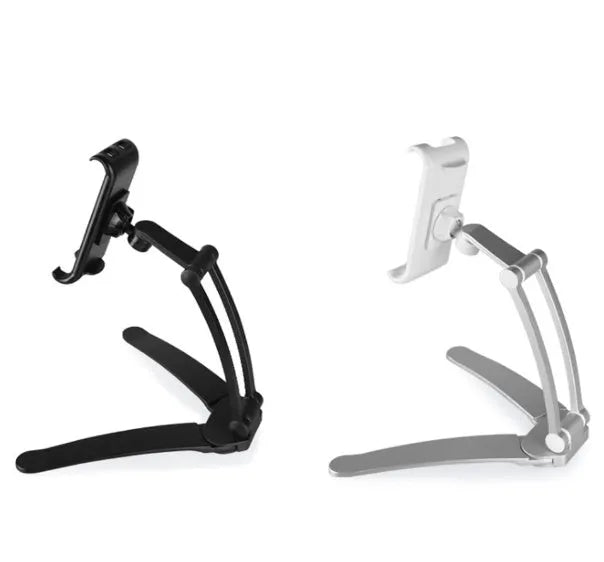 Silver aluminium alloy tablet stand holding a tablet, showing its 360-degree adjustable hinge and chuck system.
