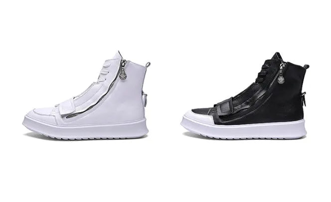 PU leather men's winter ankle boots in high-top sneakers style with microfiber upper, available in black and white colours