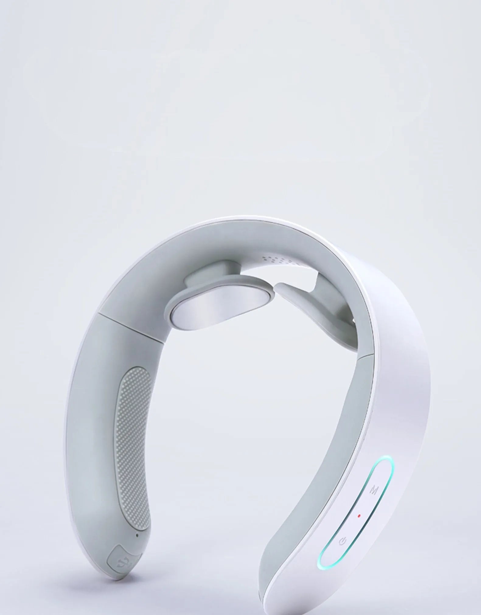 White electric acupressure massager for back neck shoulder pain with control buttons and USB port