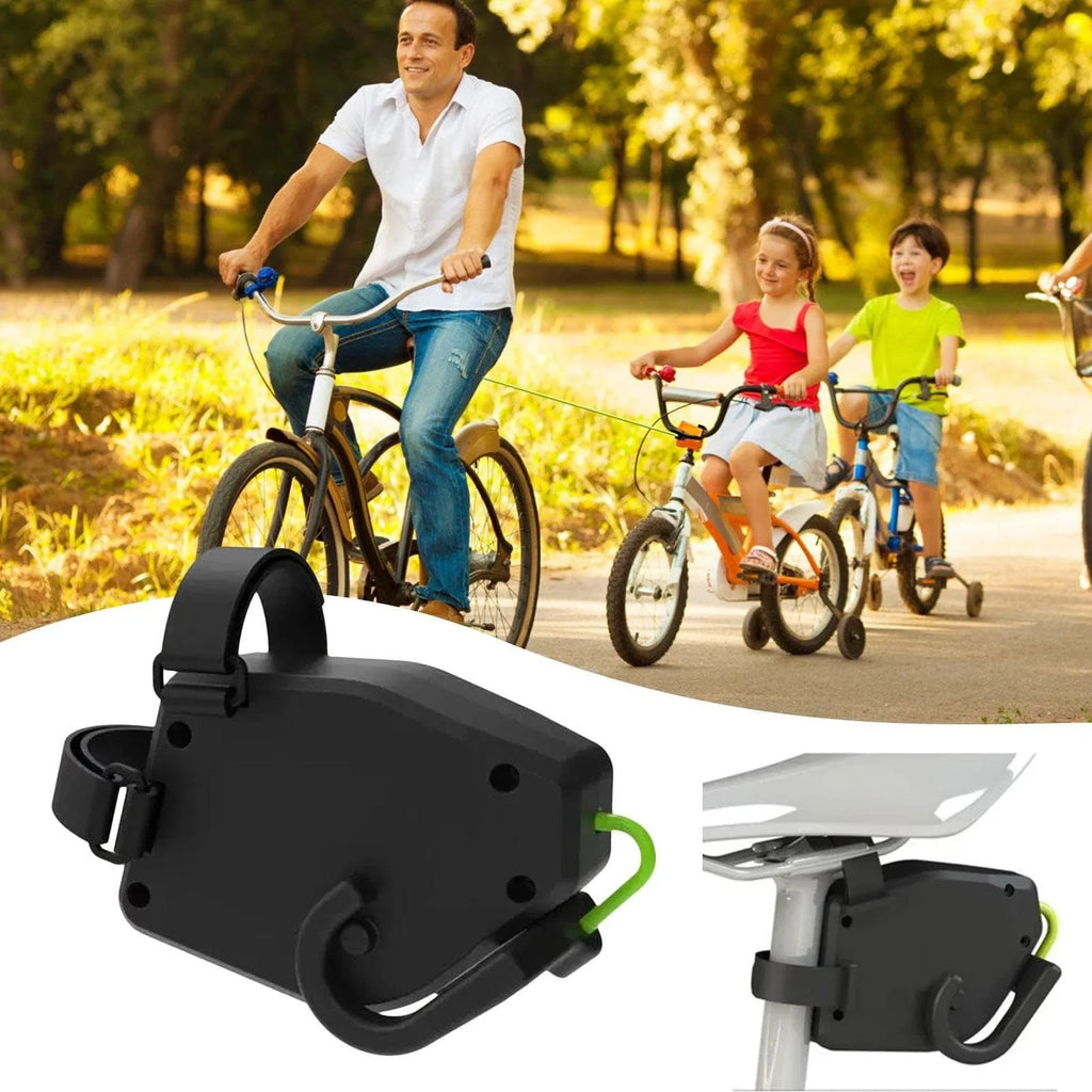 Black plastic resin bicycle trailer rope with universal attachment clips for child bike trailers