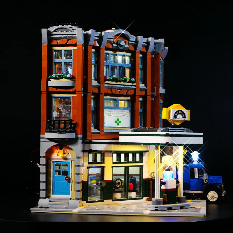 Plastic MOC model LED lighting accessories kit for building a lit corner repair shop scene.