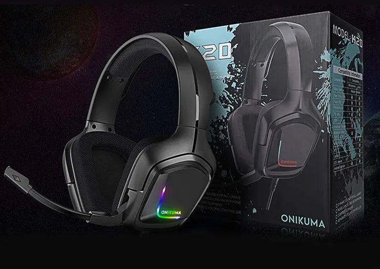 RGB luminous wired gaming headset with braided cable and cloth earmuffs in camouflage grey