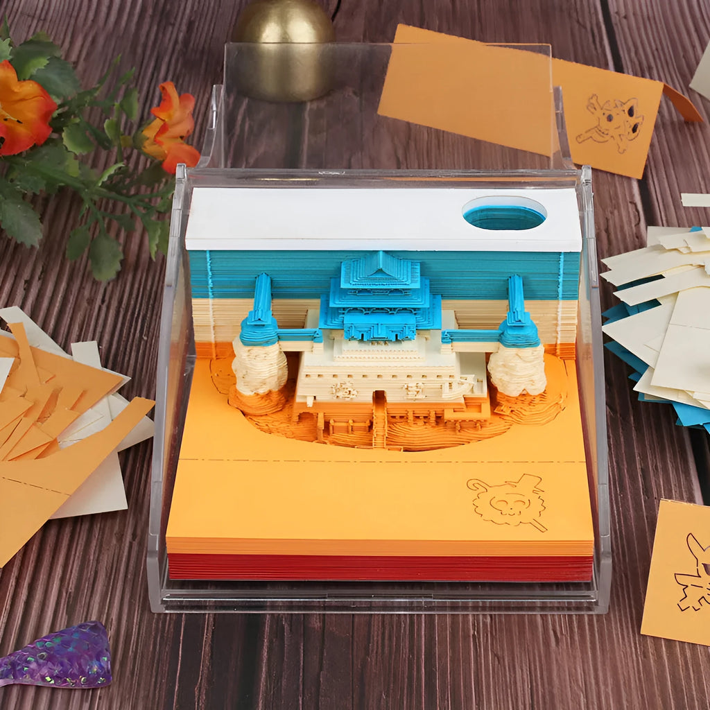 Anime architectural cartoon sticky note pad in 80mm by 45mm size on a desk