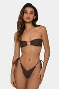Brown women's tube top push up bikini swimsuit with ring tether detailing and split bottom