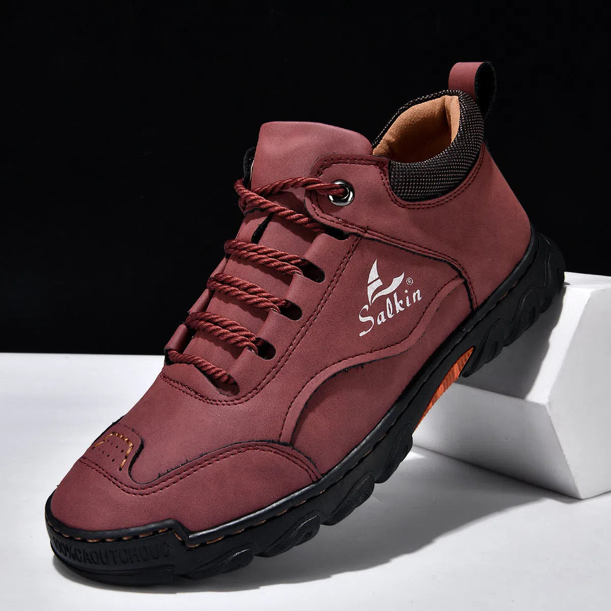 Flat lace-up casual hiking shoes in beige with PU upper, rubber sole, and round toe