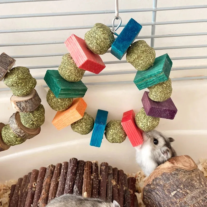 Small animal chew toy with applewood rod and decorative straw ball ring for hamsters guinea pigs rabbits