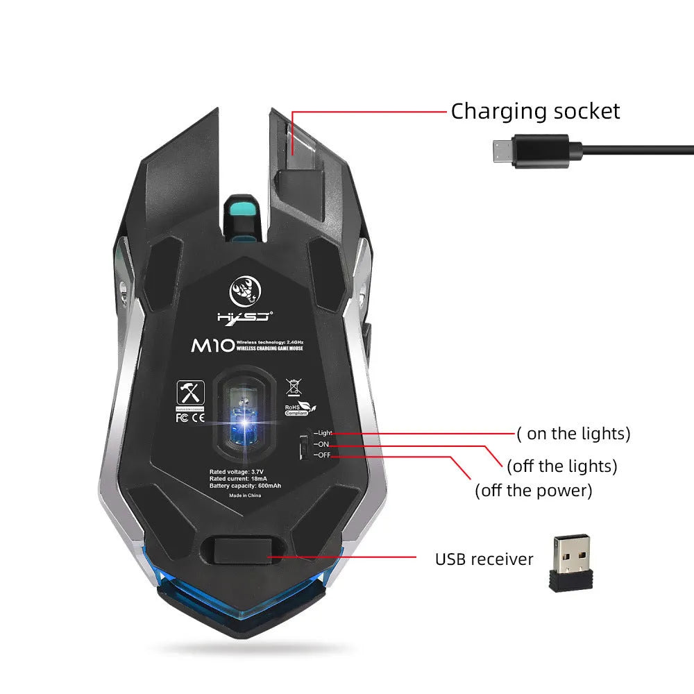 HXSJ wireless mouse black ergonomic design with six buttons and USB receiver