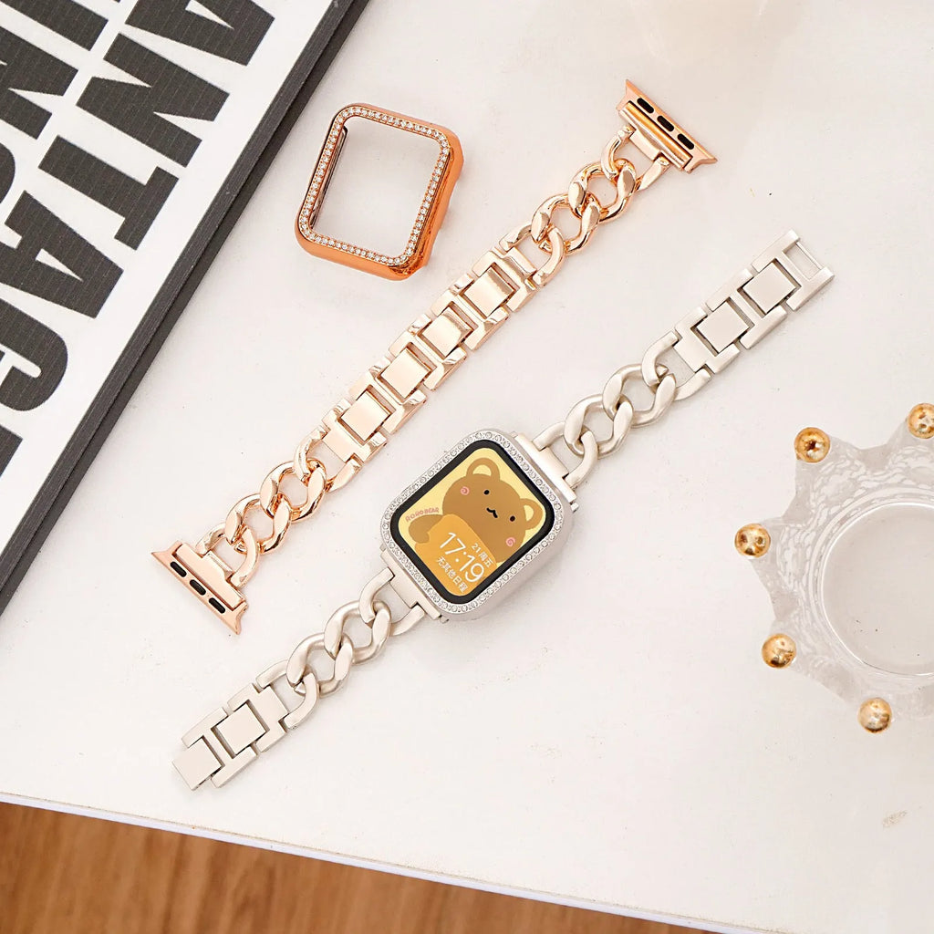 Silver metal chain strap for Apple Watch with 22mm connector on a watch case
