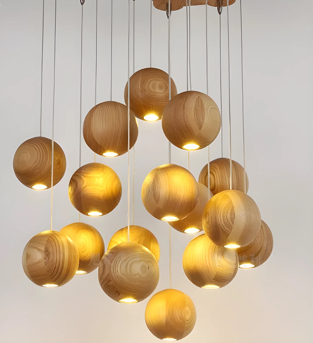 Nordic style wood ball chandelier with adjustable hanging height and solid wood construction