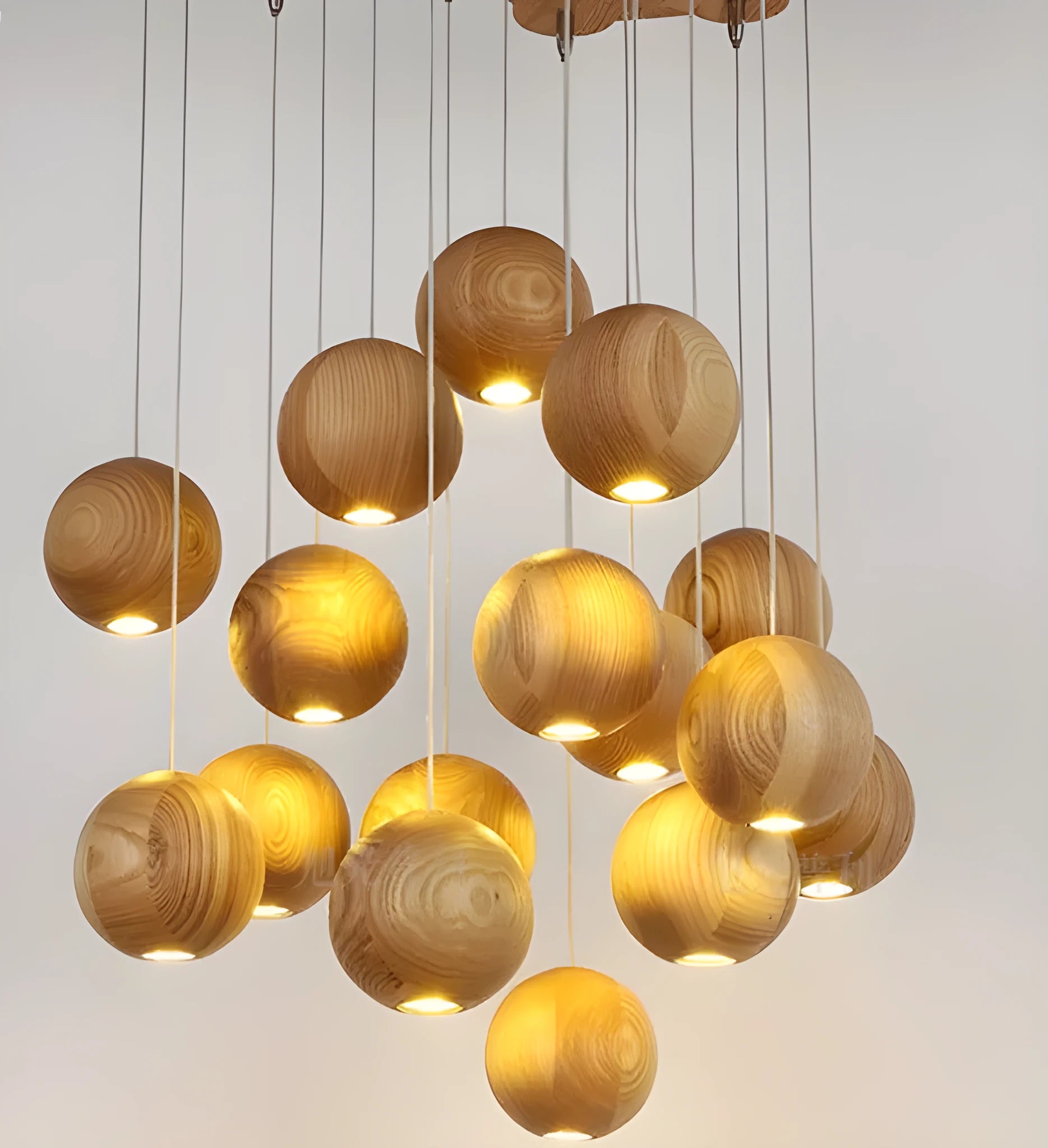 Nordic style wood ball chandelier with adjustable hanging height and solid wood construction