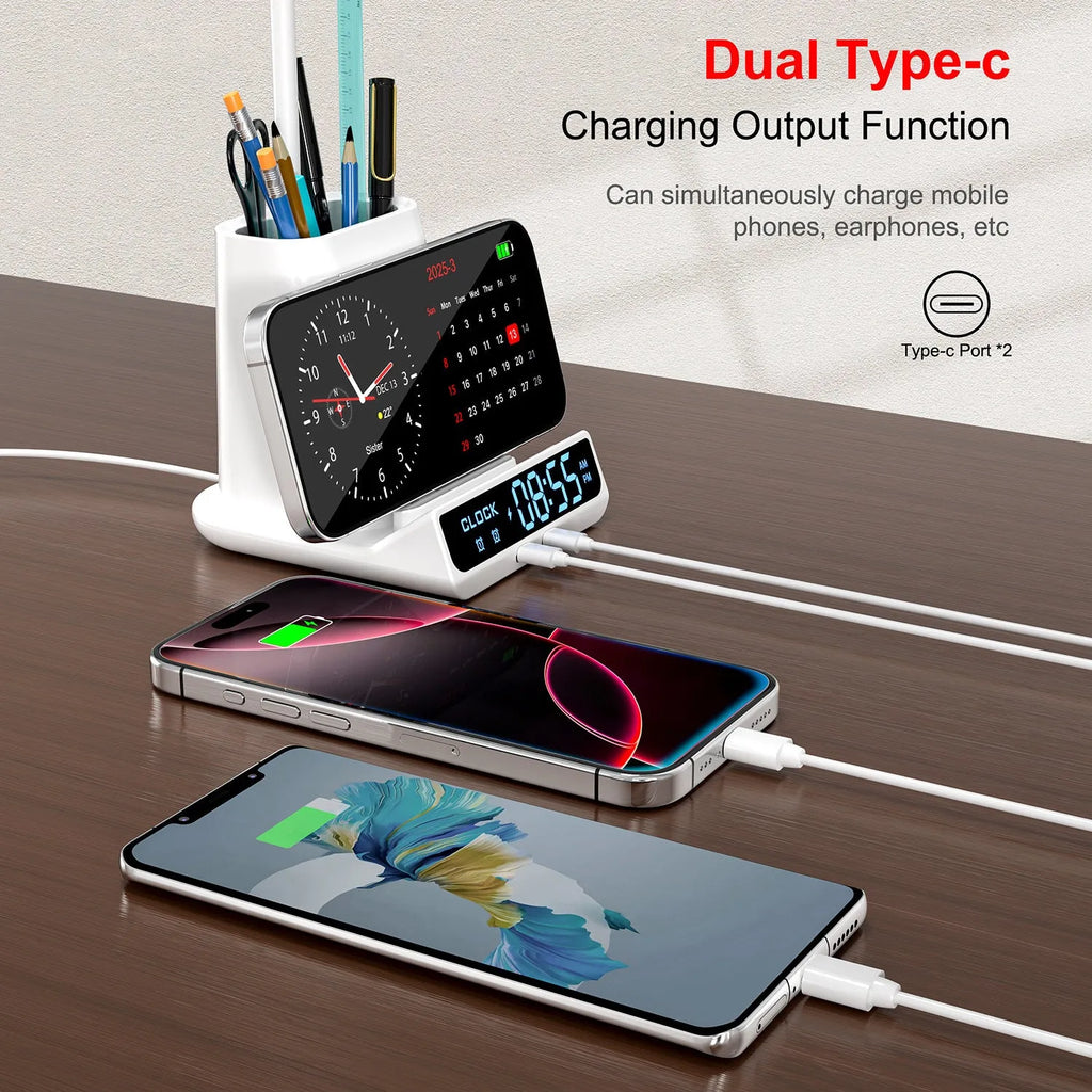 Modern wireless charging desk lamp with pen holder and storage compartment in black or white