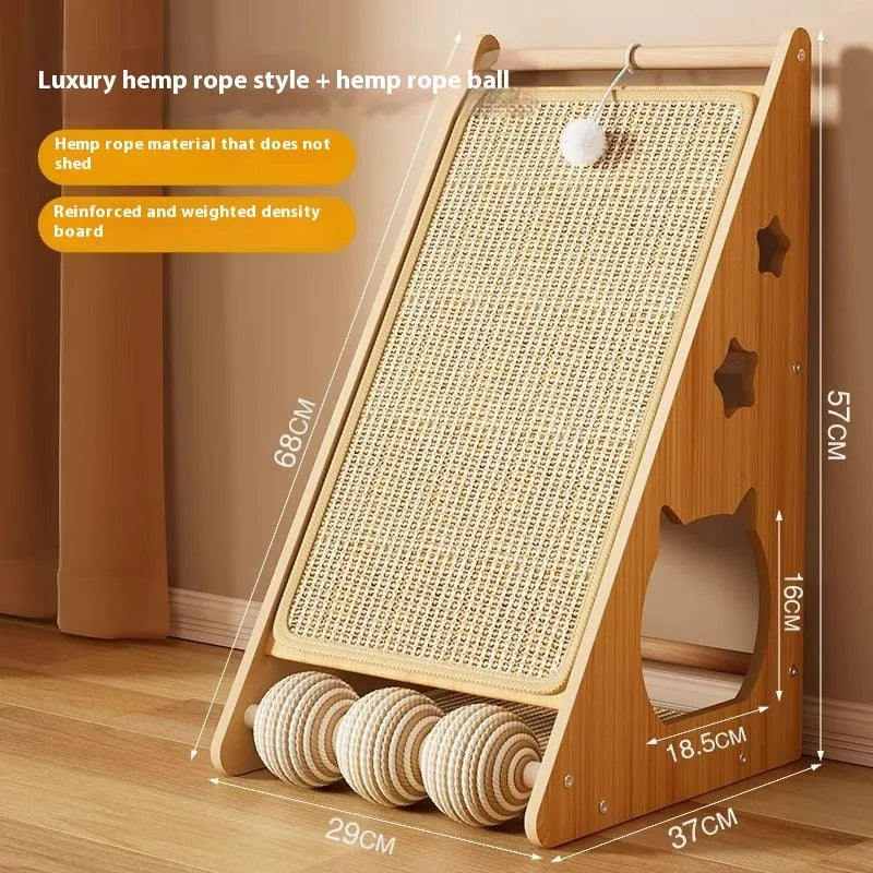Vertical wall-mounted cat scratch board with sisal surface and hemp rope teasing ball