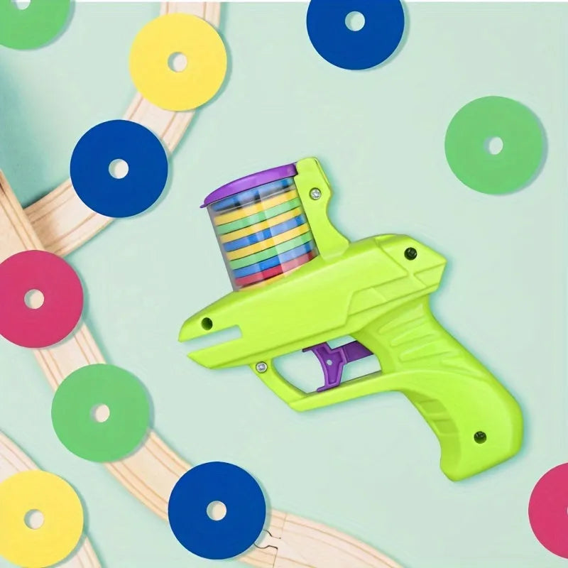 Battery-free cat toy launcher with foam discs in durable plastic construction