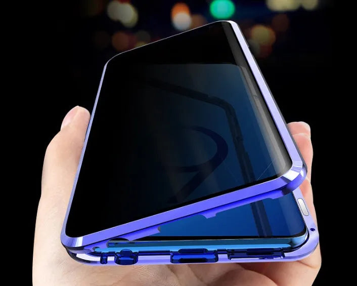 Anti-peeping magnetic phone case for Samsung with double-sided glass and metal frame in solid black colour