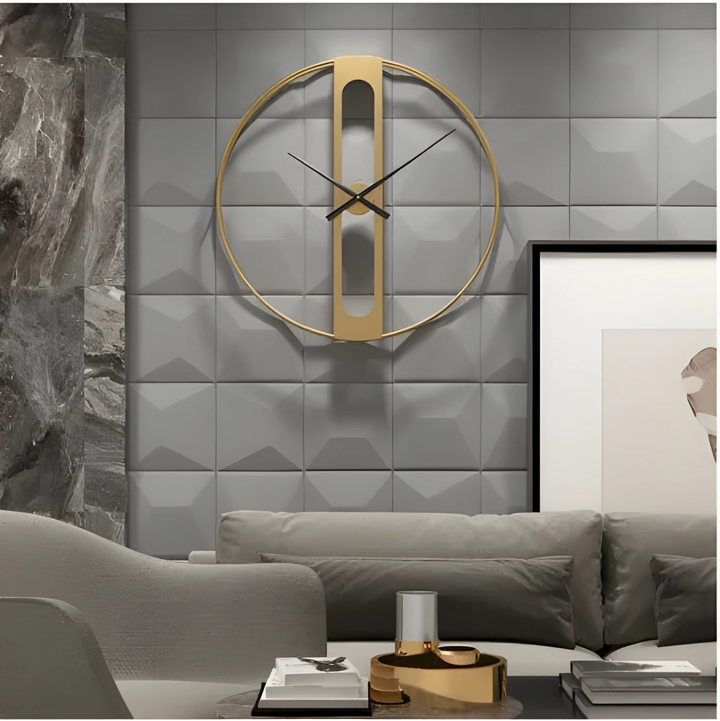 Round metal wall clock in black or gold, 50 cm diameter, on a white wall.
