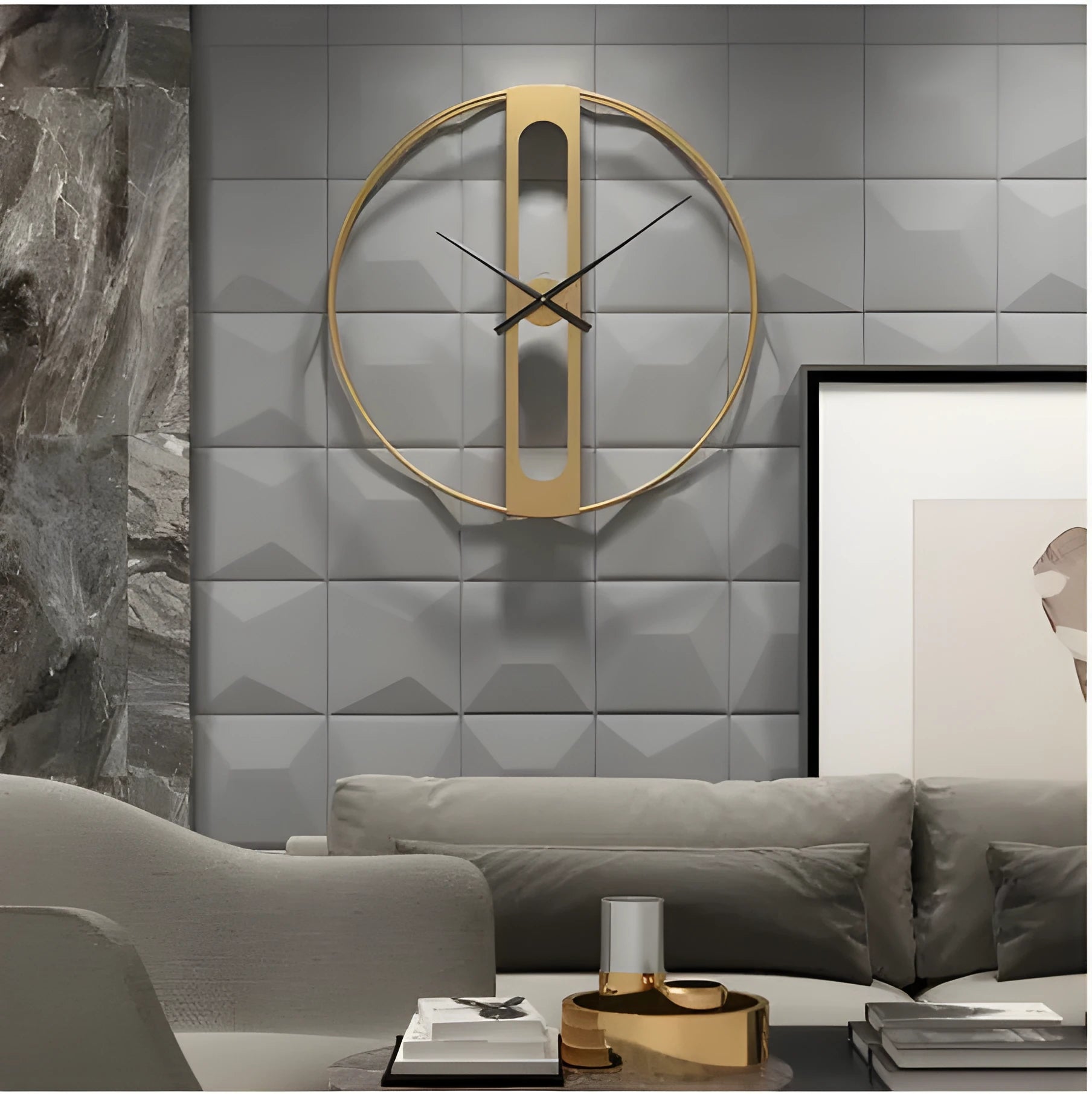 Round metal wall clock in black or gold, 50 cm diameter, on a white wall.
