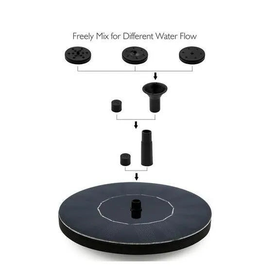 Black solar water fountain pump with solar panel, measuring 16cm, for ponds and bird baths.