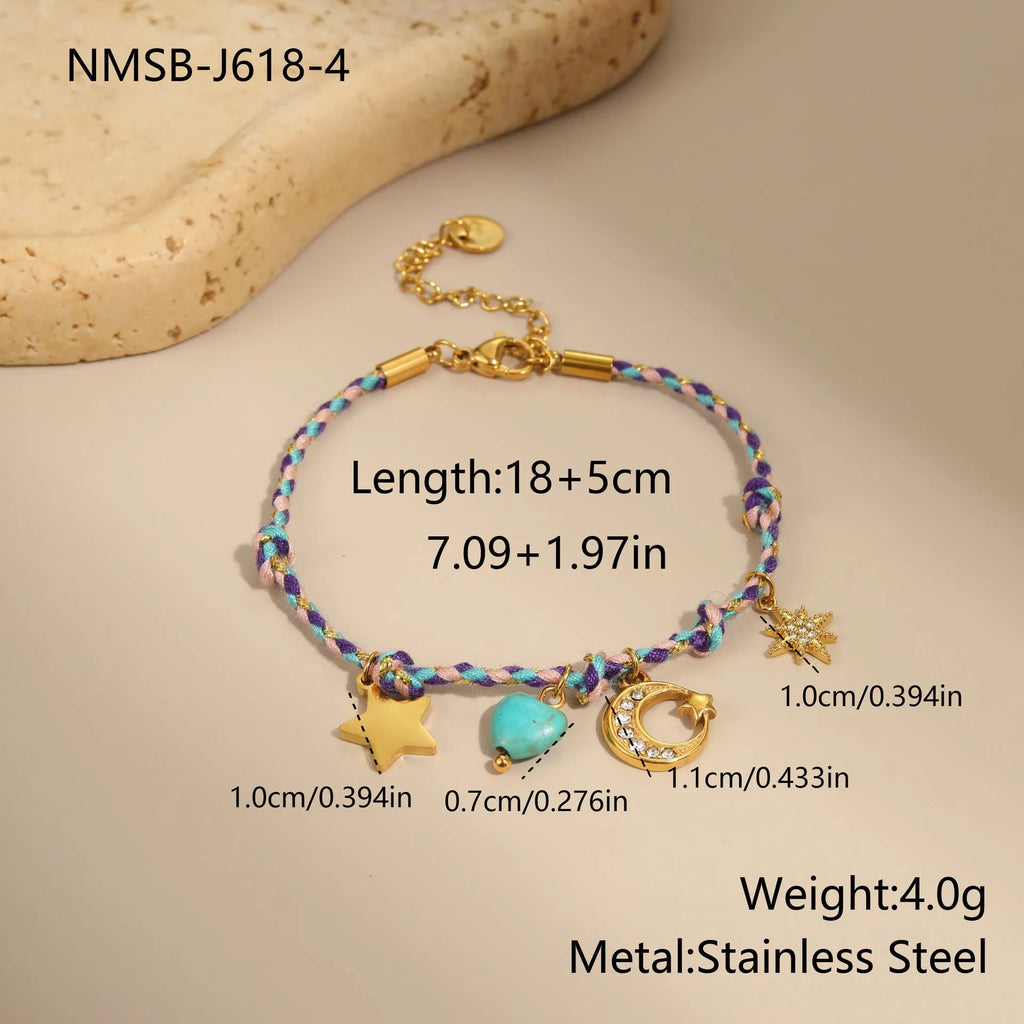 Handmade colour braided rope and stainless steel necklace with heart-shaped pendant on adjustable chain.