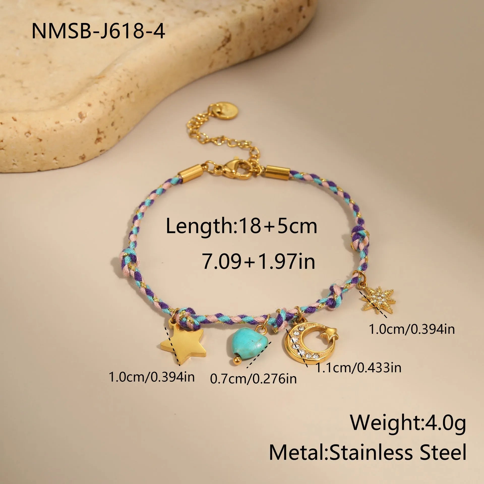 Handmade colour braided rope and stainless steel necklace with heart-shaped pendant on adjustable chain.