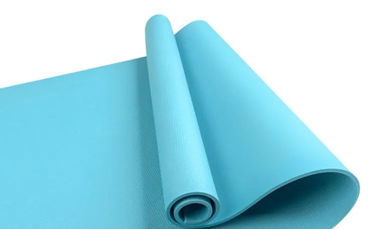 EVA fitness yoga mat in choice of 4mm or 6mm thickness, shown in blue colour with anti-skid texture.