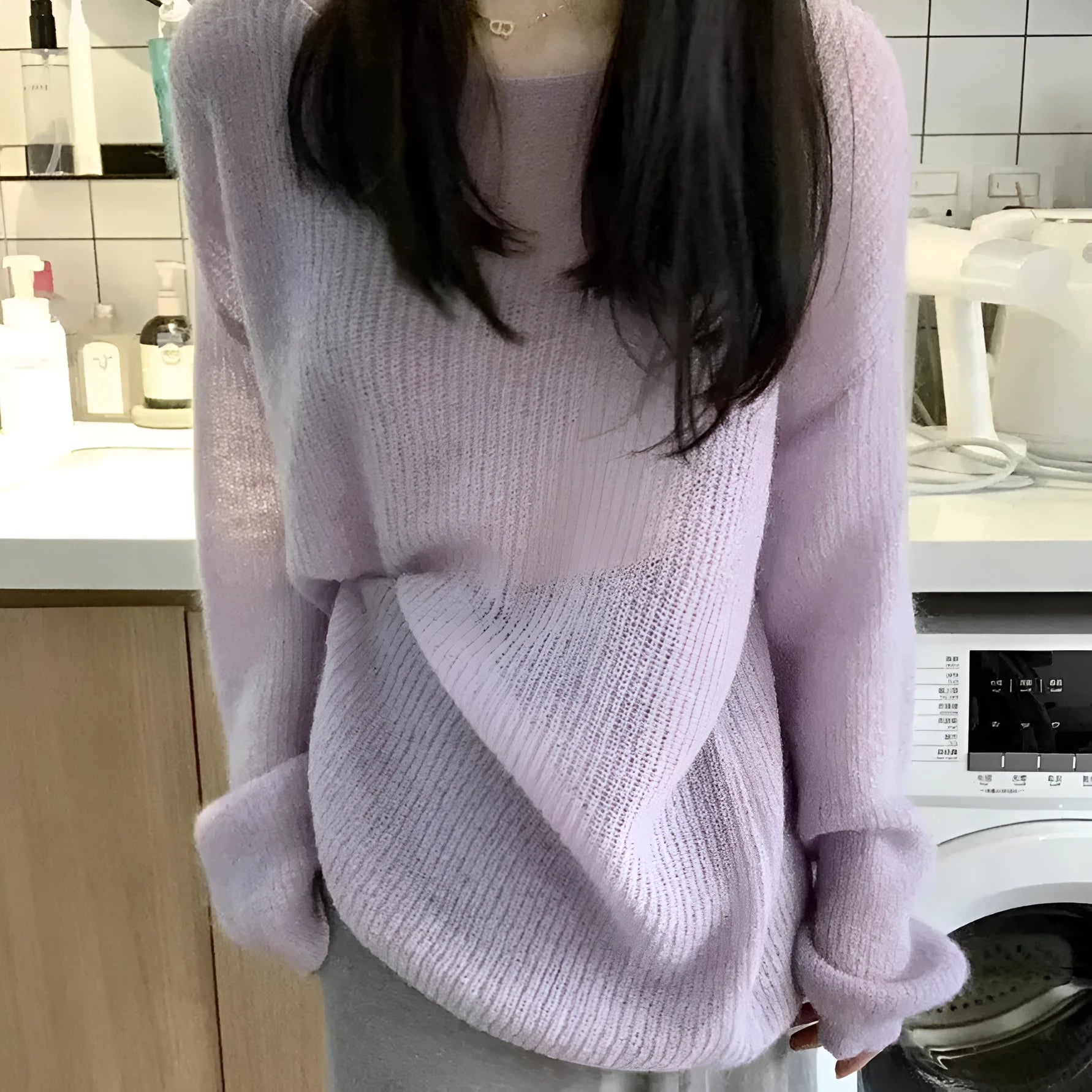 Purple ice silk blouse with round neck, princess sleeves, and hollow-out design details