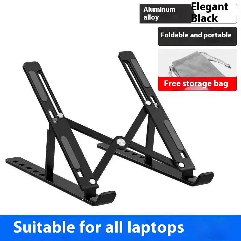 Silver aluminium folding laptop stand shown open and closed next to a laptop