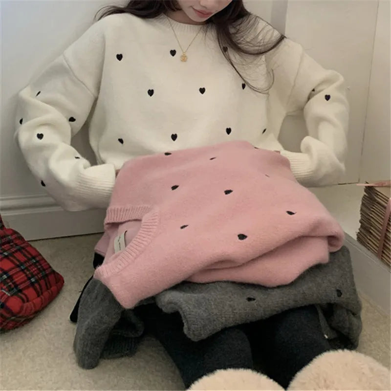 Women's acrylic pullover sweater with love embroidery in milk white colour, loose fit crew neck design
