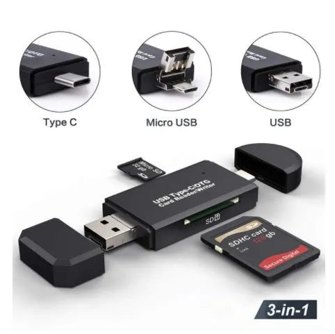 Black USB 3.0 memory card reader supporting SD and TF formats with Type-C interface