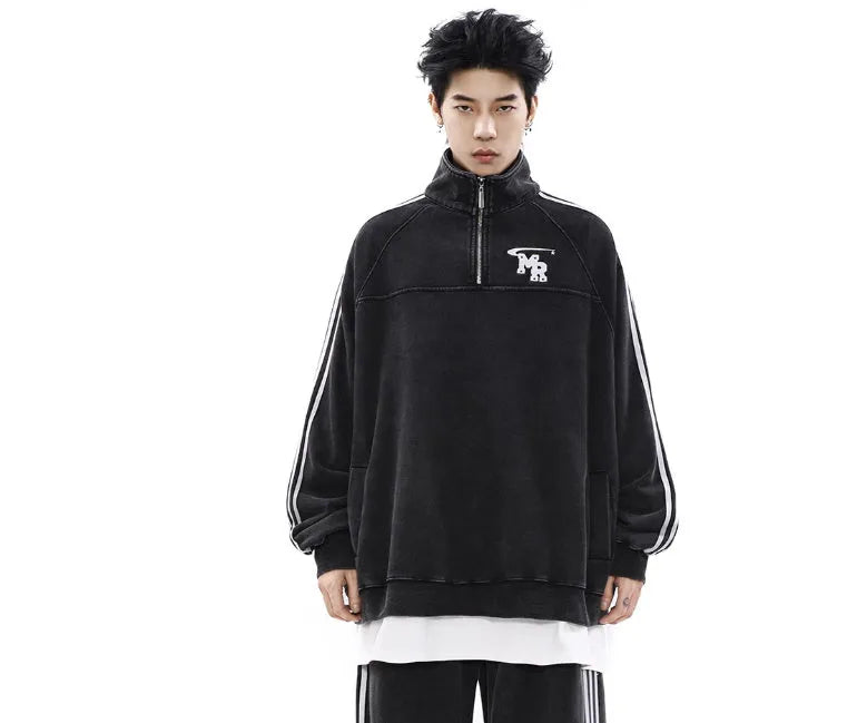 Black American retro stand collar polyester hoodie for men, Hong Kong style, shown in size L.
