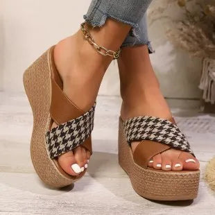 Cross leopard plaid wedge sandals with rubber sole in brown or black pattern for casual leisure wear