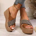 Cross leopard plaid wedge sandals with rubber sole in brown or black pattern for casual leisure wear