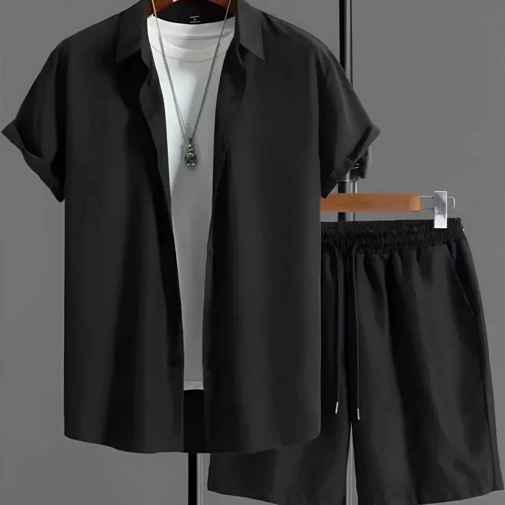 Short sleeve jacket and matching shorts suit set in a solid Jacquard colour on a hanger.