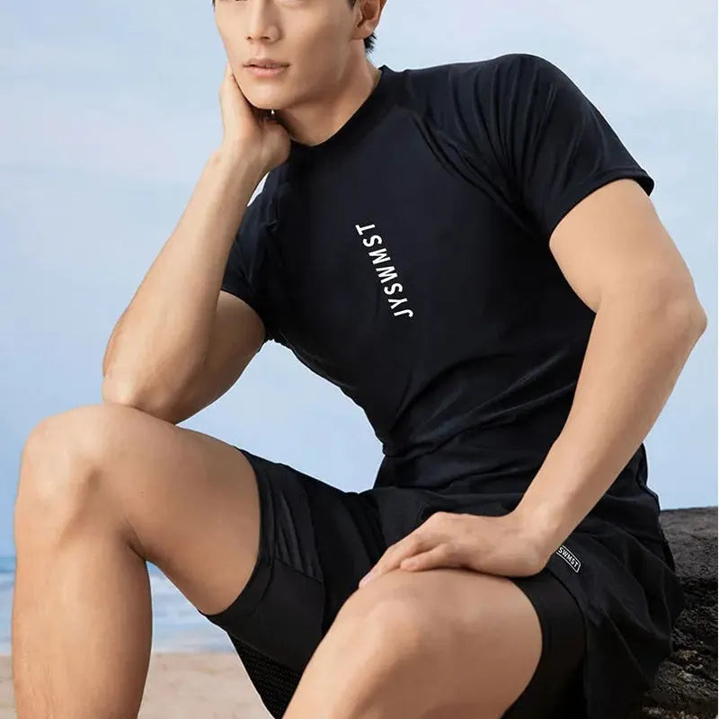 Men's plus size polyester swimsuit set with top and trunks on mannequin.