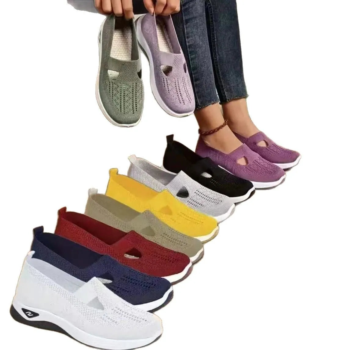 Women's T-strap mesh casual shoes with soft PVC soles in six colour options