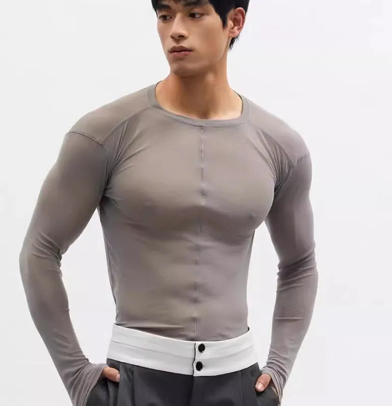 Black mesh see-through slim-fit PU pullover with long sleeves and round collar