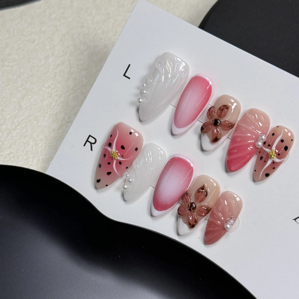 Hand-painted 3D carved nail art patches with candy patterns for almond-shaped nails.