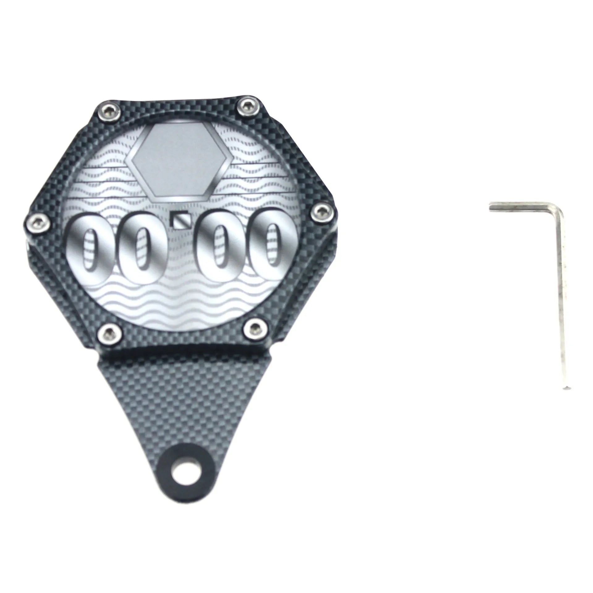 Black carbon fibre pattern motorcycle tax seal with six-corner screw measuring 100x7mm