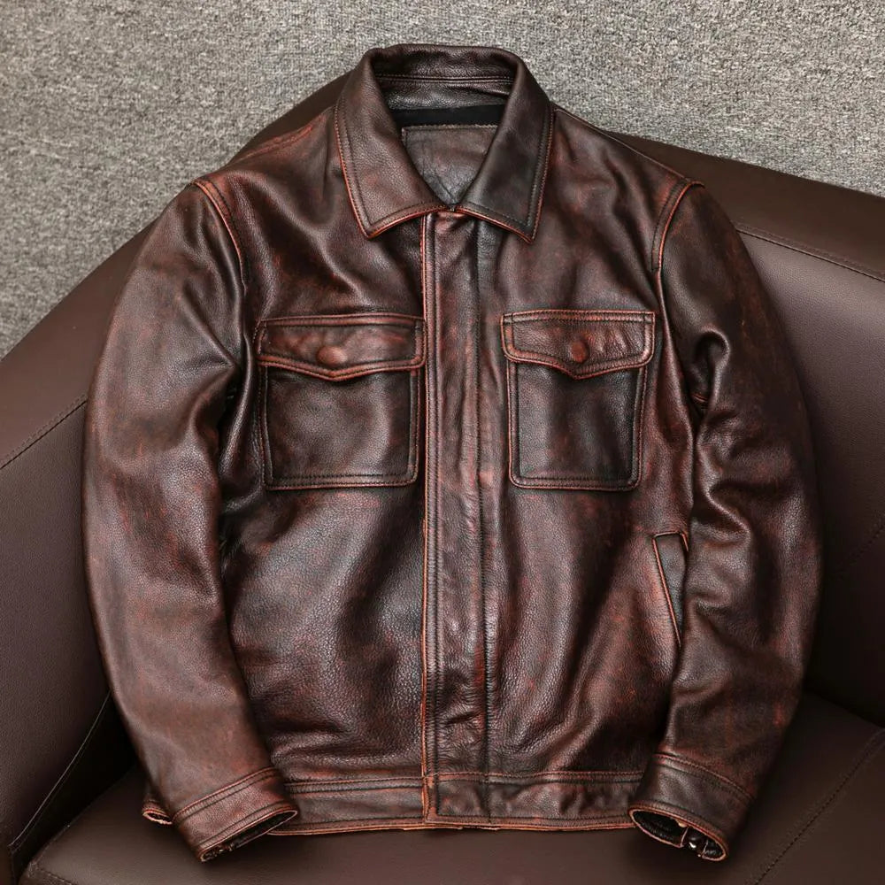 Men's black loose-fit PU leather jacket with lapel collar and side pockets for plus-size frames.