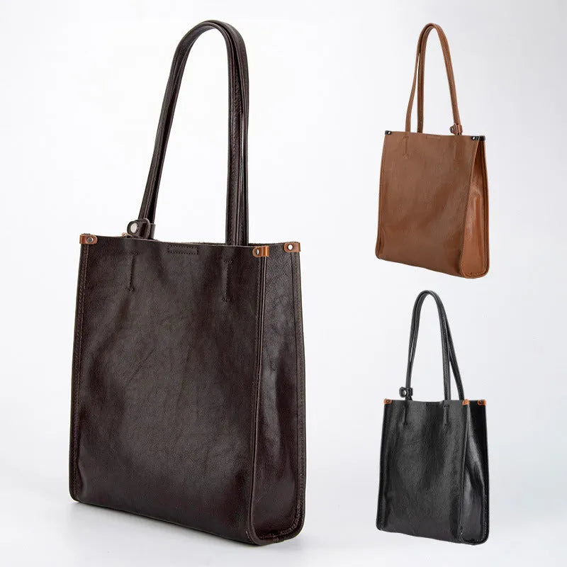 Genuine leather large capacity city commuter shoulder bag square vertical tote in black