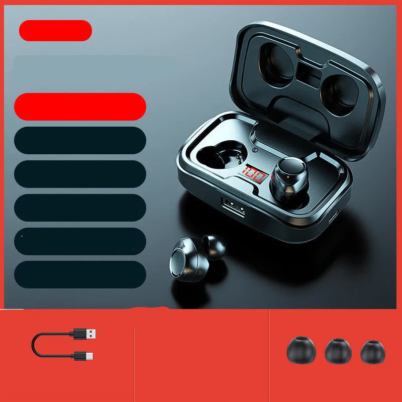 Black wireless Bluetooth in-ear earphones with red and blue colour options displayed