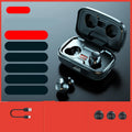Black wireless Bluetooth in-ear earphones with red and blue colour options displayed